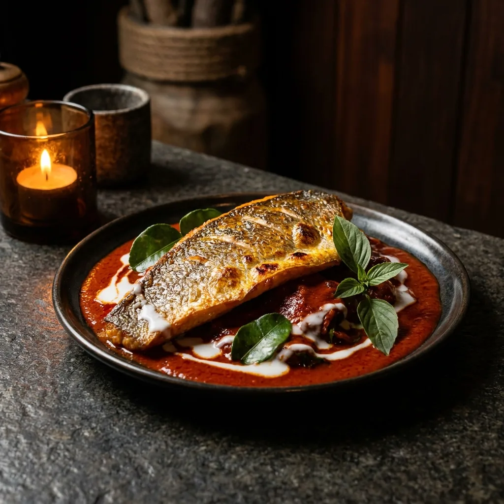 Crispy-skin coral trout fillet over choo chee curry
