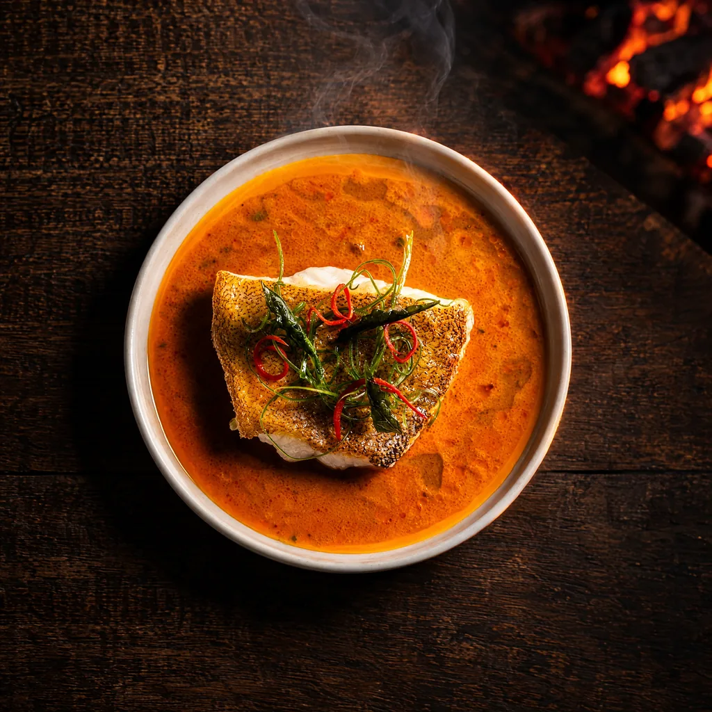 Crispy-skin Murray cod fillet over choo chee curry