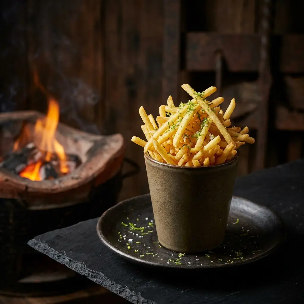 Shoestring chips with kaffir lime salt