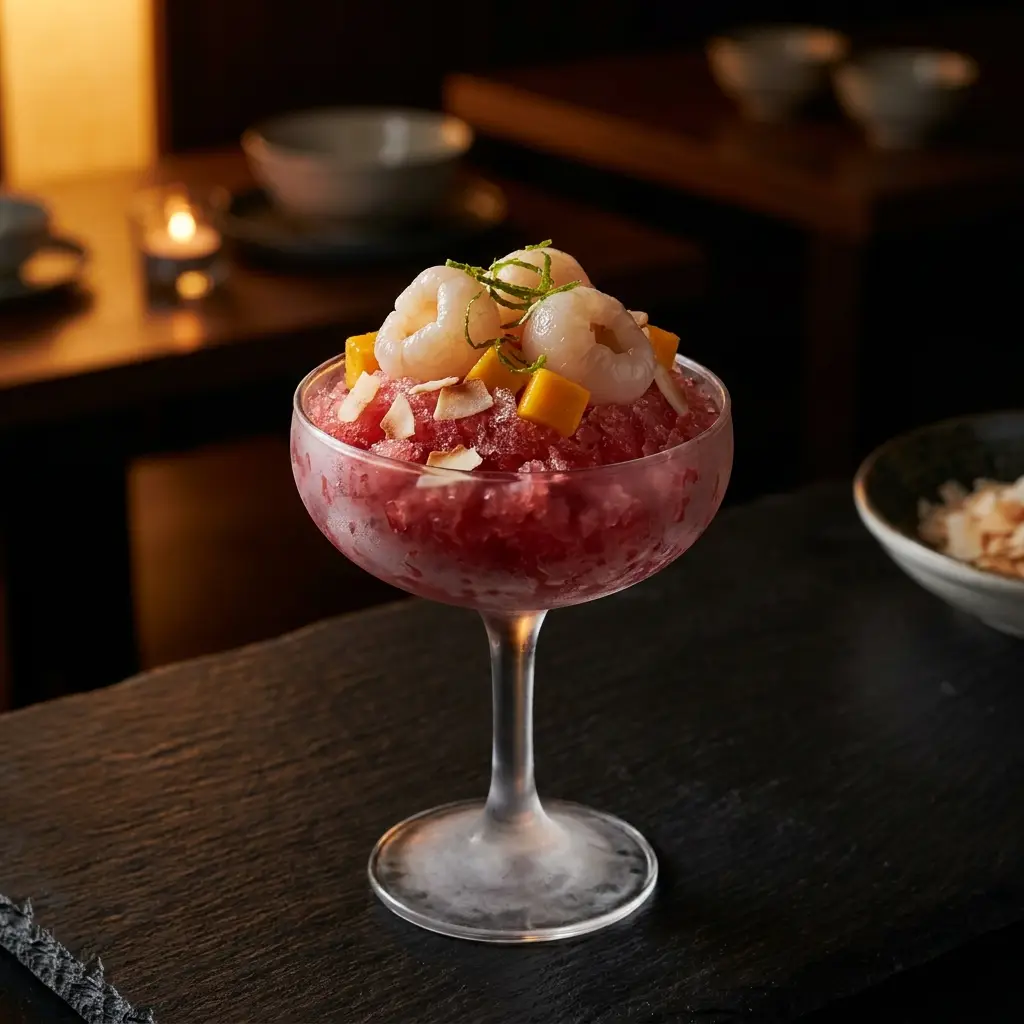 Watermelon granita with lychee and mango
